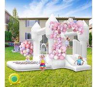 Castillo Hinchable Blanco con Soplador para Niños con Tobogán, Trampolín y Piscina de Bolas, Castillos Hinchables Interior Exterior Jardín Parque Fiesta Boda Cumpleaños Regalos, 320×280×210cm