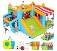 Castillo hinchable con carrera de obstáculos para niños de 3 a 12 años, 3,8 x 3,4 m, para interior y exterior, con tobogán, piscina de bolas, pista de fútbol, canasta de baloncesto y puesto de venta