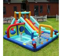 Castillo hinchable con doble tobogán acuático y trampolín - Parque acuático 7 en 1 con piscina infantil, pared de escalada, pistolas de agua - EN71, 365 x 450 x 217 cm, soplador de 450 W, para