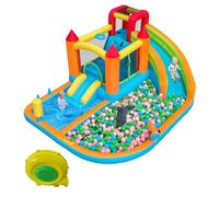 Castillo hinchable con soplador - Parque acuático: 2 toboganes de agua, trampolín, pared de escalada, canasta de baloncesto, tela Oxford, uso seco y húmedo