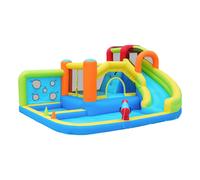 Castillo Hinchable con Soplador, Parque Acuático Multifuncional y Parque de Trampolines para Niños con Tobogán de Agua, Aro de Baloncesto y Pared de Escalada, 410x315x203 cm, Azul Aosom España