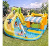 Castillo hinchable hinchable con tobogán acuático, piscina infantil 10 en 1, con cama elástica, pared de escalada, canasta de baloncesto y piscina de pelotas, incluye ventilador de 450 W de 433 x 375