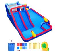 Castillo hinchable hinchable con tobogán acuático, piscina infantil, pared de escalada, pistola de agua, canasta de baloncesto, parque acuático para niños de 3 a 12 años (con ventilador de 750 W)