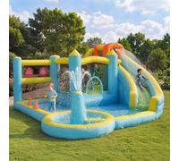 Castillo hinchable hinchable con tobogán acuático y trampolín - Parque acuático 4 en 1 para niños - Incluye piscina infantil, aspersor y ventilador de 450 W - 430 x 390 x 210 cm, tela Oxford, exterior