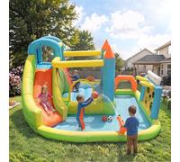 Castillo hinchable hinchable con tobogán acuático y trampolín, parque acuático 5 en 1 con piscina infantil, canasta de baloncesto, portería de fútbol, 360 x 320 cm, ventilador de 450 W, para interior