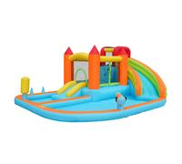 Castillo Hinchable Multifuncional con Tobogán de Agua, Trampolín, Aro de Baloncesto y Pistola de Agua, para Uso en Seco y Mojado, 460x343x190 cm, Naranja Aosom España