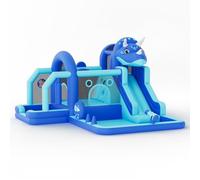 Castillo Hinchable para Niños con Forma de Dinosaurio, Castillo Hinchable con Soplador, Toboganes, Piscina Infantil, Camas Elásticas, Muro de Escalada y Canastas de Baloncesto