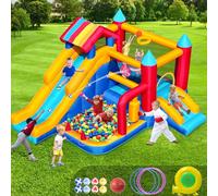 Castillo Hinchable para Niños, FOOING 9 en 1 Casa Inflables con Soplador de Aire, Trampolín, Tobogán, Estante Baloncesto, Pared Escalada, Casa Inflable Interior al Aire Libre para Fiesta Cumpleaños