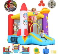 Castillo hinchable para niños pequeños (2-8 años), castillo hinchable con soplador, área de juego de astronautas y zona de tiro, castillo hinchable de cohetes para fiestas en interiores y exteriores