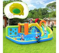 Castillo hinchable y parque acuático multifuncional + parque de trampolines para niños, tobogán acuático, pared de lanzamiento, cesta de baloncesto, pared de escalada, incluido soplador de 450 W