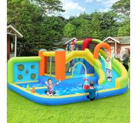 Castillo Inflable para Niños, Incluye Tobogán de Agua, Muro de Lanzamiento, Aro de Baloncesto, Muro de Escalada, Soplador de 450 W, Parque Acuático, Parque de Trampolines