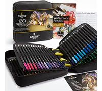 Castle Art Supplies Juego de 120 lápices de acuarela con extras | Pigmentos vibrantes de calidad | Dibuja y pinta al mismo tiempo | Para aficionados adultos, profesionales | En estuche de viaje para