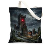Castle - Bolsa de lona para compras, gótica oscura, cementerio, niebla, Halloween, negro, 33 x 38 cm, Negro, 13x15 Inch
