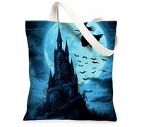 Castle - Bolsa de lona para mujer, diseño gótico de murciélagos luna, Halloween, color azul, lavable, reutilizable, ideas para viajes, trabajo, compras, librería, 13 x 15 pulgadas