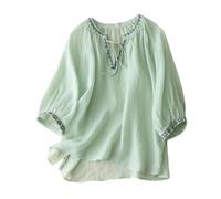 , casual, algodón lino, bordado, cuello en V, manga de siete puntos, cómoda camiseta holgada, verde, XL