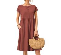 Casual Cotton Linen Dress Women Short Sleeve Round Neck Knee Length Line Summer Dress Loose Fit with Pockets Brown 5X Large
