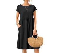 Casual Cotton Linen Dress Women Short Sleeve Round Neck Knee Length Line Summer Dress Loose Fit with Pockets Black X Large
