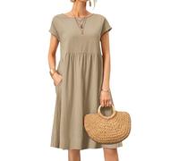 Casual Cotton Linen Dress Women Short Sleeve Round Neck Knee Length Line Summer Dress Loose Fit with Pockets Khaki 3X Large