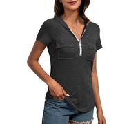 , casual, Europa América, monocolor, cremallera de bolsillo, camiseta de manga corta con vestido de neón, gris oscuro, S