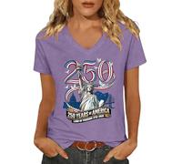 Casual Independence Day 250 Anniversary Printed T-Shirt Round Neck Pullover Short Sleeve Top 250th Birthday America Julio mit V-Ausschnitt Tshirt Damen Oversize Locker Shirts, O Light Purple, XXL