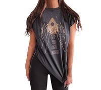 Casual Loose Top Shirts O-Neck Top Kurzarm Punk Statement Top Seitenlitz Top Elegant bedrucktes Top Kasack Set Damen, gris, M