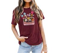 , casual, palabras, impreso, camisas, cuello redondo, manga corta, camisetas, blusa de túnica negra ajustada, Vino, S