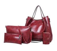Casual Reto Fashion Leder Damen Handtasche 4-teiliges Set Umhängetasche Handtasche Tote Shopper Geldbörse Duschvorhang Transparent mit Taschen, rojo, talla única