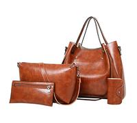 Casual Reto Fashion Leder Damen Handtasche 4-teiliges Set Umhängetasche Handtasche Tote Shopper Geldbörse Duschvorhang Transparent mit Taschen, marrón, talla única