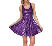 Casual Shiny A-Line Floral Neon Sequin Short Sleeve Round Neck Party Dress - Comfortable Outfit for Everyone(Purple,XXL)