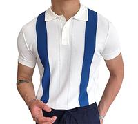 Casuales Camisas Hombres Slim Fit Solapa Casual Polo Shirt Hombre Elásticas Rayas Shirt Hombres Botón Placket Verano Sección Delgada Manga Corta All-Match Prendas Punto Hombres B-White L