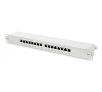 CAT 6, Class E patch panel, shielded, 16-port RJ45, 8P8C, LSA, 1U, rack mount, grey, 482x44x109