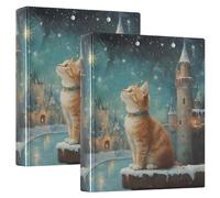 Cat and Star - Carpeta de 3 anillas de 1.5 pulgadas, organizador de documentos de material PVC con anillo en D y bolsillo transparente para suministros de oficina, paquete de 2