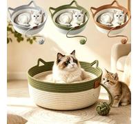 Cat Basket Bed with Cushion and Hanging Ball Toy, Handwoven Cotton Rope Cats Bed for Indoor Cats & Kittens, Instinct Basket Cat Scratcher for Play & Rest，Gray：Small，gren：Large
