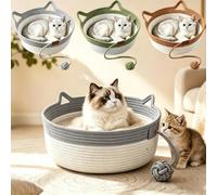 Cat Basket Bed with Cushion and Hanging Ball Toy, Handwoven Cotton Rope Cats Bed for Indoor Cats & Kittens, Instinct Basket Cat Scratcher for Play & Rest，Gray：Small，Gray：Large