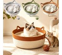 Cat Basket Bed with Cushion and Hanging Ball Toy, Handwoven Cotton Rope Cats Bed for Indoor Cats & Kittens, Instinct Basket Cat Scratcher for Play & Rest，Gray：Small，Brown：Small