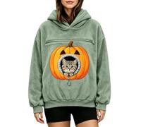 Cat Big Pumpkin Jack O Lantern - Sudadera de forro polar con capucha y | Sudadera con capucha de forro polar verde con bolsillo para gato