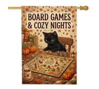 Cat Board Games - Bandera de casa con cita de otoño de 28 x 40 pulgadas | Tema de juego de mesa, bandera de patio, hojas de otoño de temporada, ambiente cálido para el hogar, regalo para amantes de