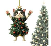 Cat Christmas Ornament - Small 2D Acrylic Kitten Tree Charm | 8x6cm Lightweight Design, Festive Holiday Accent, Rearview Mirror Pendant, Cute Cat Decoration, Home Vehicle Display, Seasonal Gift