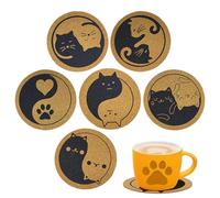 Cat Coasters For Drinks - Wood, 6 Pieces Round Tea Cup Mats, Heat Insulation Pads | 10cm Anti Scald Cork Trivets, Cute Animal Table Decor For Home, Bar, Living Room and Kitchen Countertop