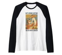Cat Cosmic Capture UFO Selfie Alien Desert Camiseta Manga Raglan