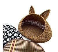 Cat Ear Shaped Cat Bed, Poly Rattan Pet Bed，Indoor Cat Furniture | With Soft Cotton Cushion & Cooling Mat, Washable, Sleeping Bed Ideal for Cats and Small Dogs(54x38x26cm)
