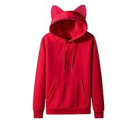 Cat Ears - Sudadera con capucha para mujer, diseño de gato kawaii, sudadera de manga larga, monocolor, con bolsillo, manga larga, sudadera con capucha, O rojo., XL