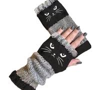 Cat Embroidery Splicing Knitted Gloves,Women’s Knitted Fingerless Gloves,Warm Fashion Casual Glove (Black, One Size)