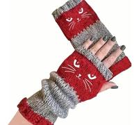 Cat Embroidery Splicing Knitted Gloves,Women’s Knitted Fingerless Gloves,Warm Fashion Casual Glove (Red, One Size)