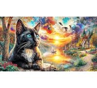 Cat-Gazing-at-Butterflies-in-Sunny-Meadow Puzzle Adultos 1000 Piezas Papel Reciclado Juego Familiar Desafiante para Adultos y niños de 12 años 38x52/1000pcs