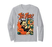 Cat In Fire - It's Fine Meme Divertido enviando Mensajes de Texto a un felino Manga Larga