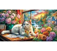 Cat-in-Hammock-Amid-Flowers-and-Butterflies 1000 Piezas Puzzle para Adultos Juego Educativo relajación Desafiante Papel Reciclado Idea de Regalo 70x50/1000pcs