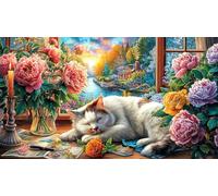 Cat-in-Hammock-Amid-Flowers-and-Butterflies Puzzle de 1000 Piezas Reciclado Regalo Divertido Juego Educativo para Adultos Desafiante Idea de Regalo 70x50/1000pcs