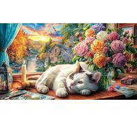 Cat-in-Hammock-Amid-Flowers-and-Butterflies Puzzle para Adultos 1000 Piezas Decoración Mural Hermosa Papel Reciclado Juego Educativo Regalo 70x50/1000pcs