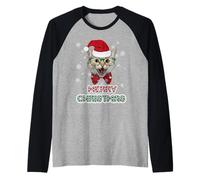 Cat In Santa Hat Merry Christmas Funny Cats Lovers Xmas Camiseta Manga Raglan